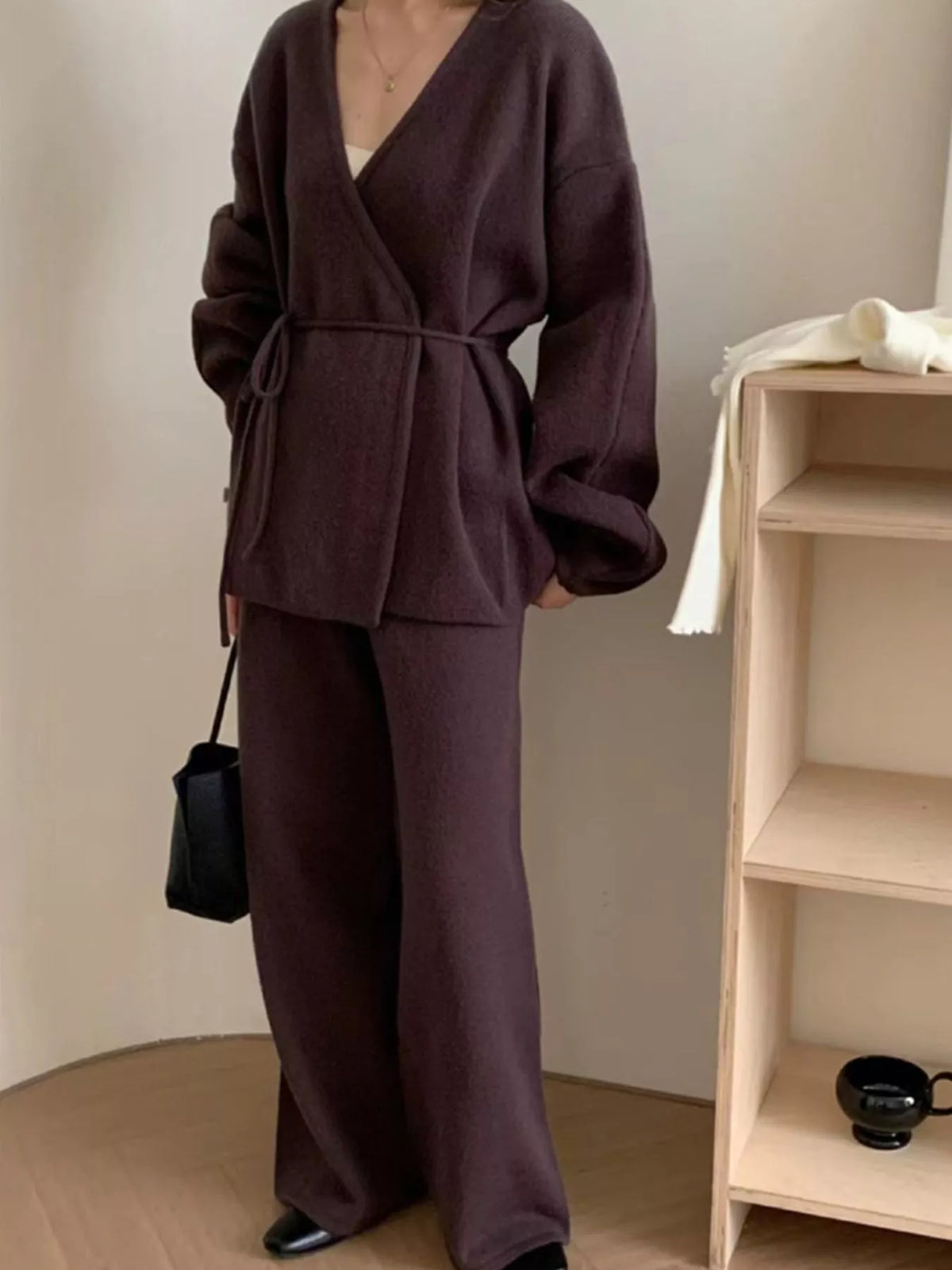 v-neck tied wrap cardigan and wide-leg pants sweater | dropsona - neutral - packaging