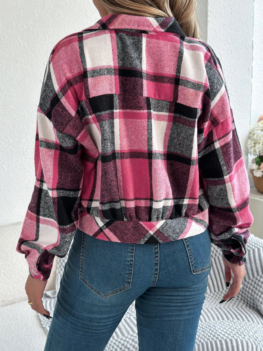 plaid button up long sleeve jacket – buttoned | dropsona - neutral - front view