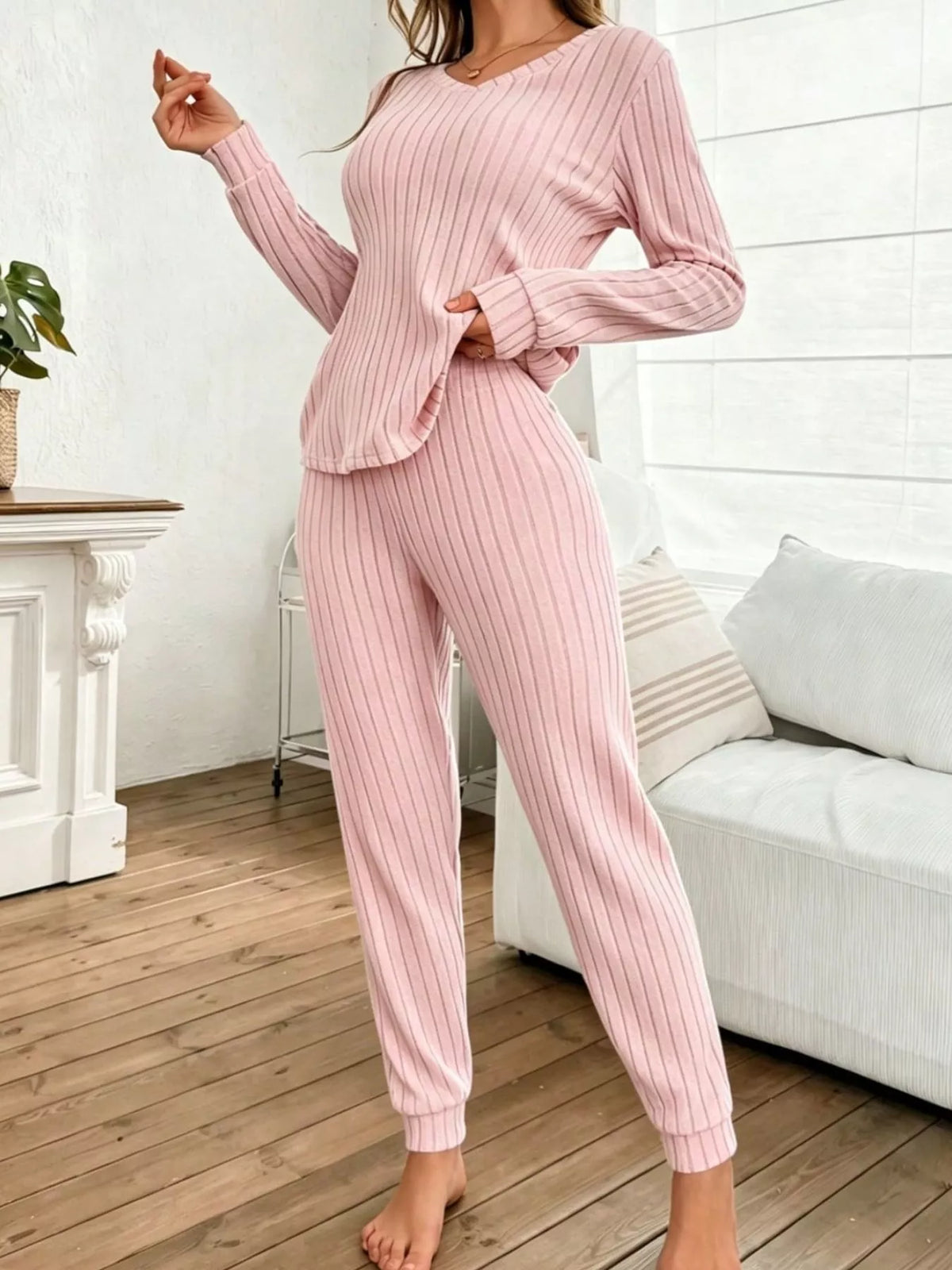 ribbed knit long sleeve top and pants loungewear set | dropsona - neutral - front view