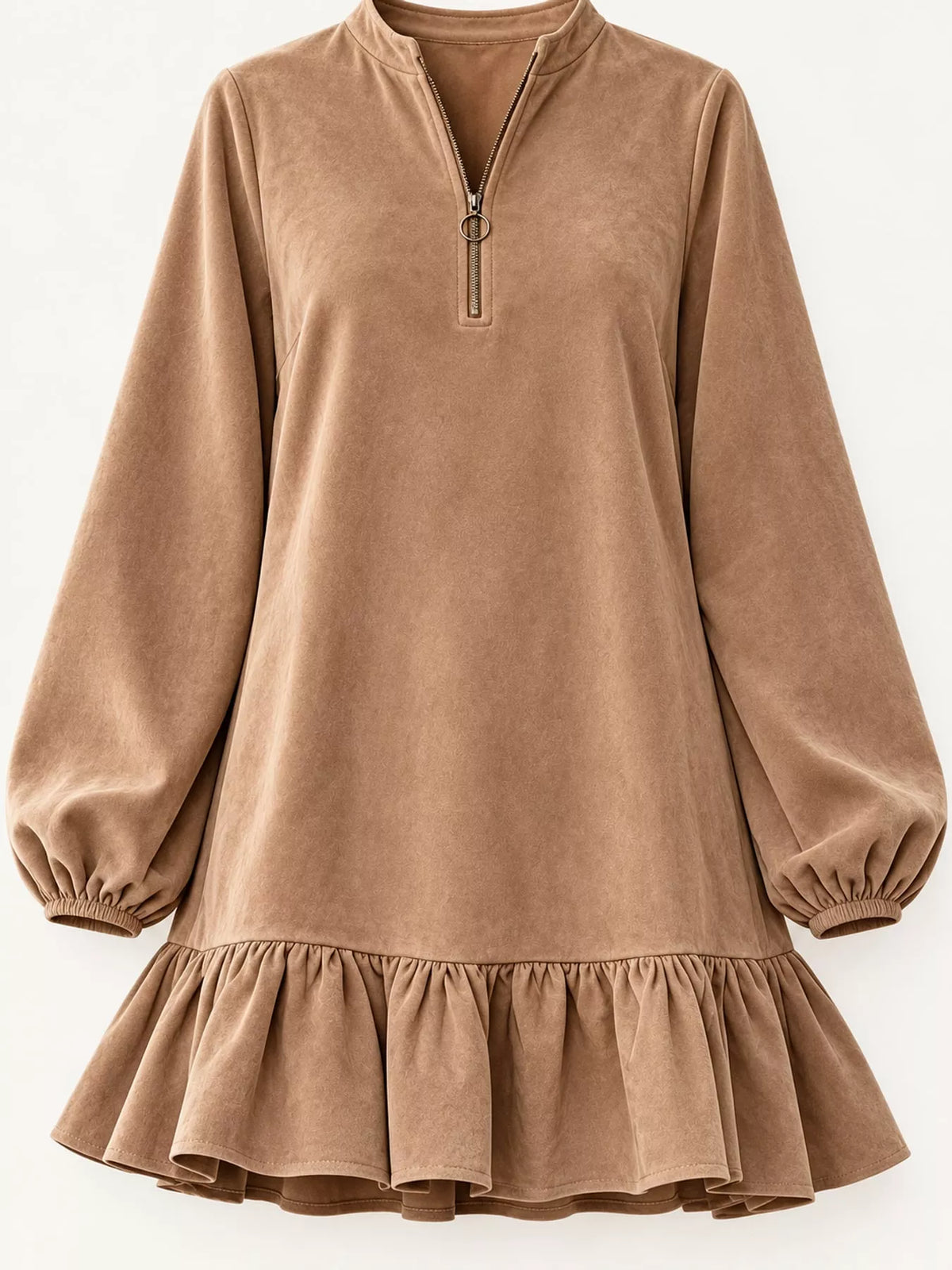 quarter-zip ruffle hem mini dress | dropsona - neutral - close-up detail