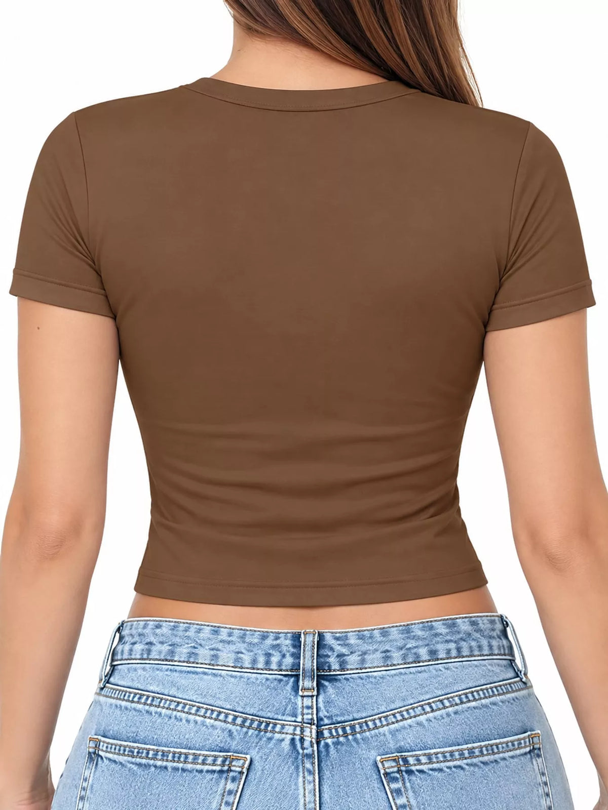 slim fit basic crew neck short sleeve crop t-shirt | dropsona - neutral - usage example