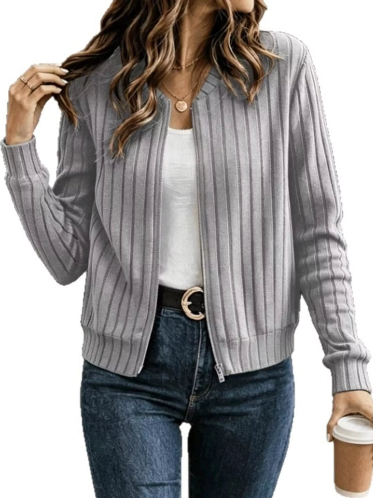 ribbed knit zip-up bomber jacket – zipper,ribbed fit | dropsona - neutral - material texture