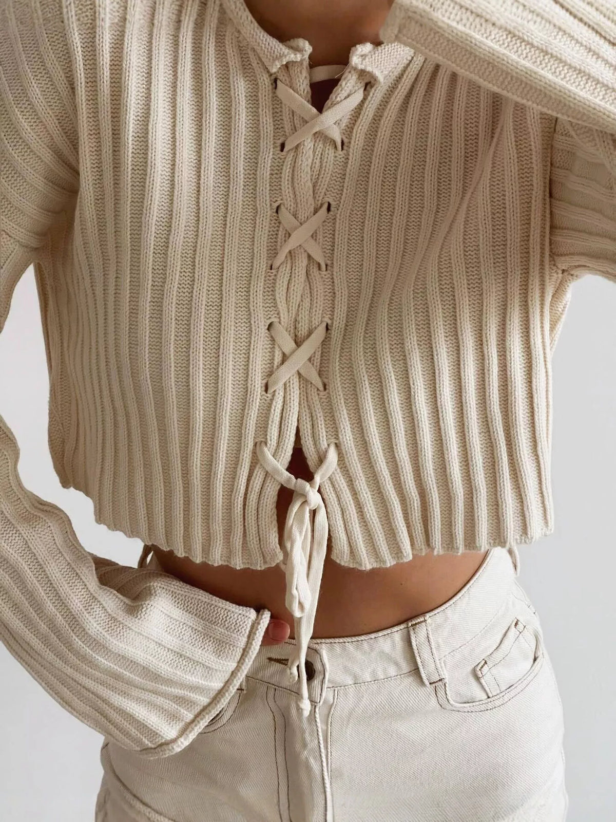 ribbed lace-up crop sweater – | dropsona - neutral - front view