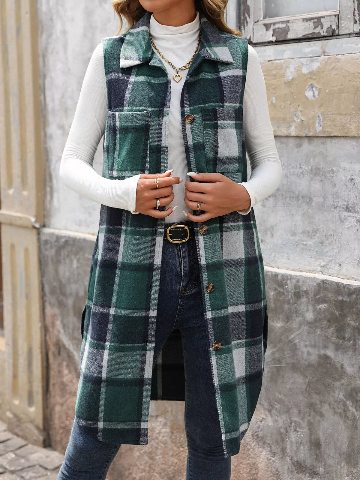 longline plaid button-down vest coat | dropsona - neutral - front view