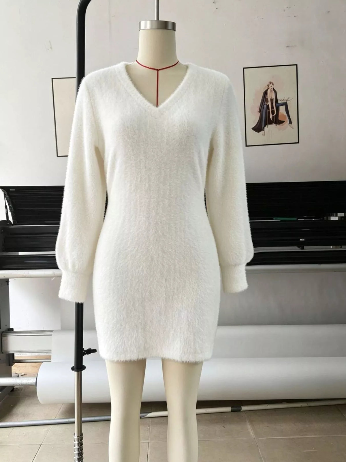 fuzzy v-neck long sleeve sweater dress – basic style | dropsona - neutral - packaging