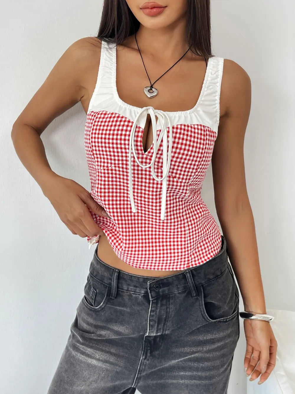 perfee contrast plaid square neck tank - close-up detail