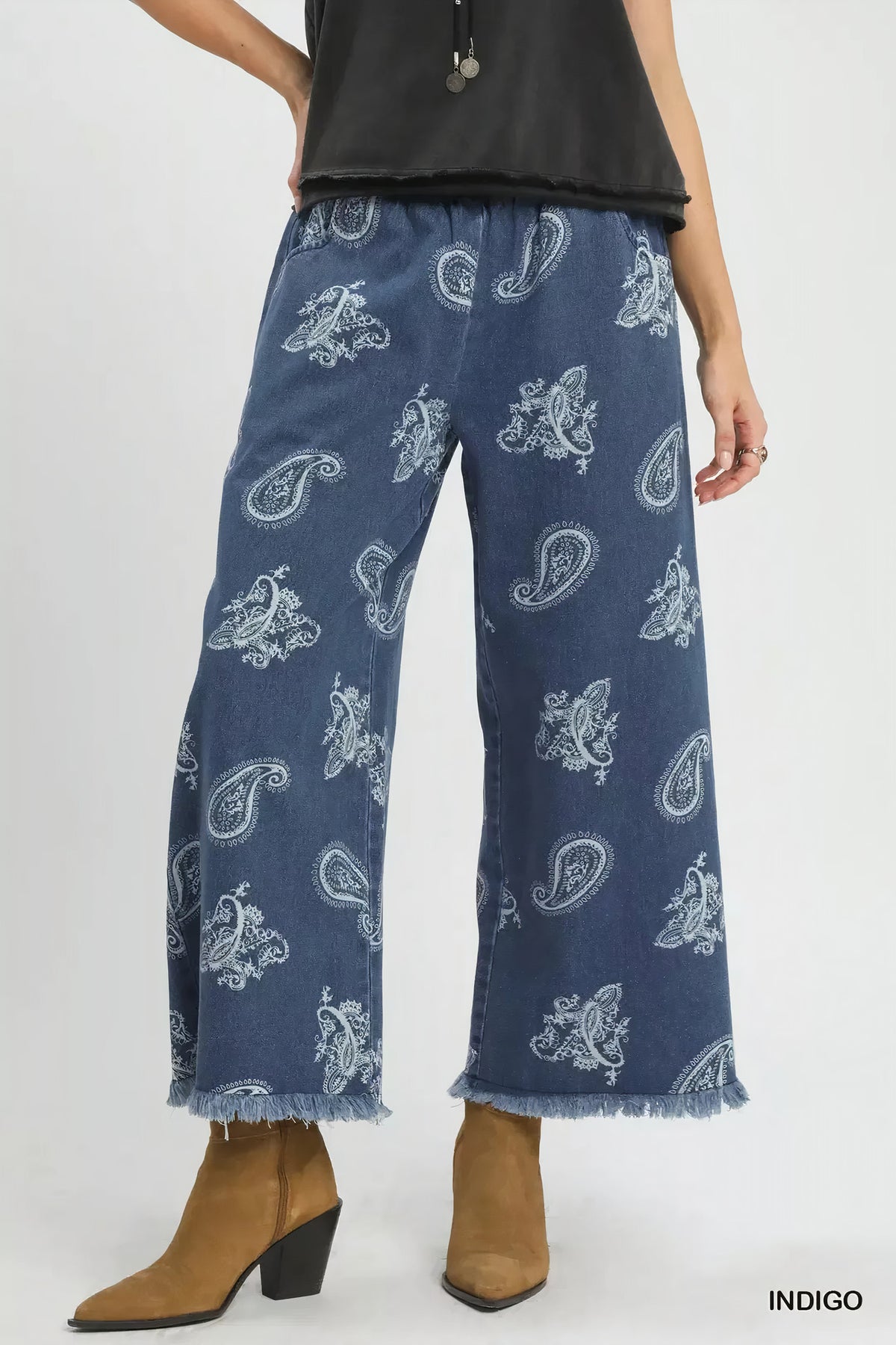 umgee denim paisley wide-leg pants - everyday wear
