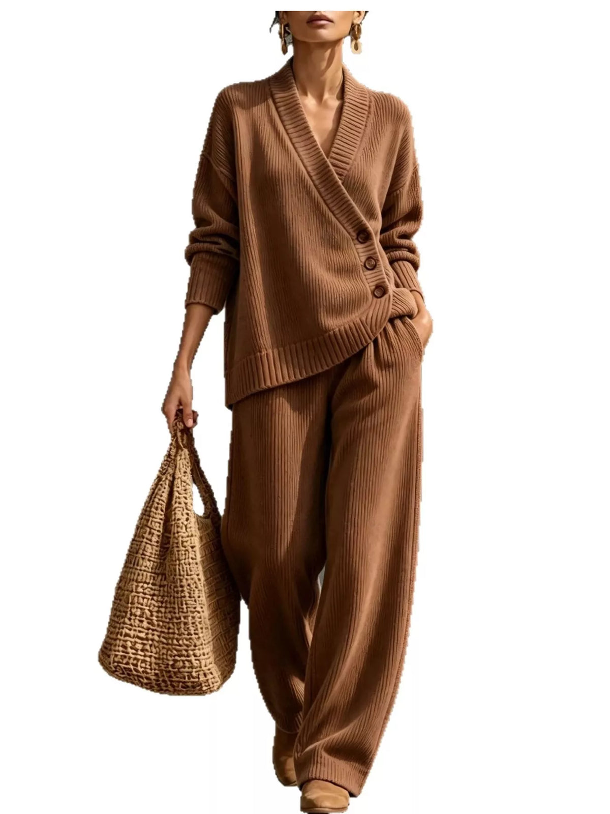 full size elegant v-neck wrap sweater and wide-leg | dropsona - neutral - close-up detail