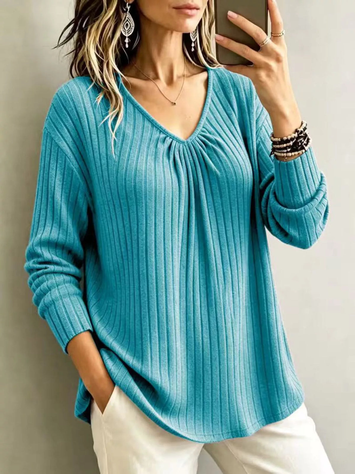v-neck ribbed long sleeve t-shirt – | dropsona - neutral - size reference