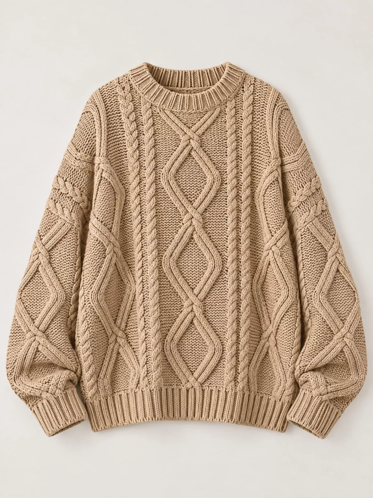 full size cable-knit round neck sweater plus | dropsona - neutral - close-up detail