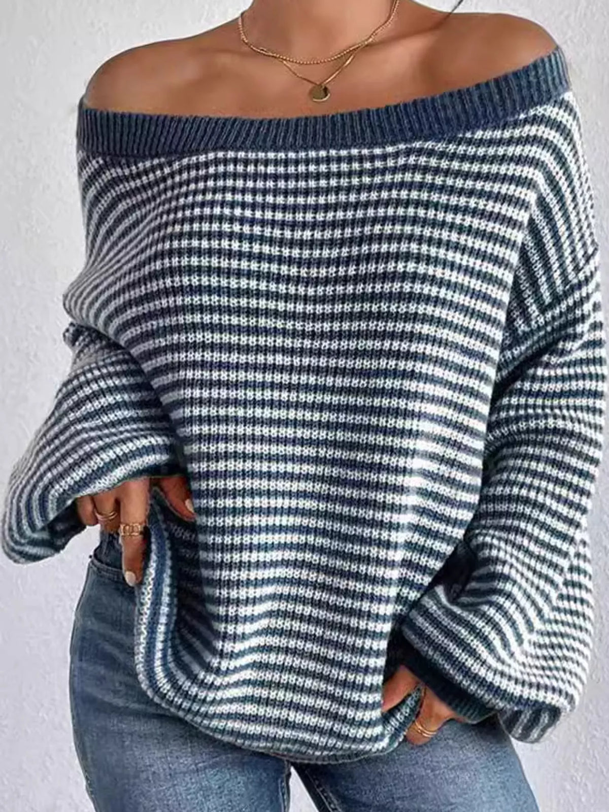 striped knit boat neck sweater – oversized,ribbed fit | dropsona - neutral - size reference