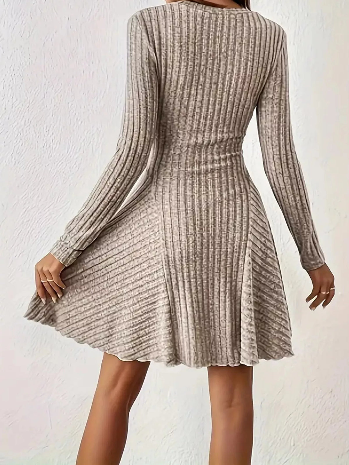 v-neck ribbed knit a-line dress – | dropsona - neutral - front view