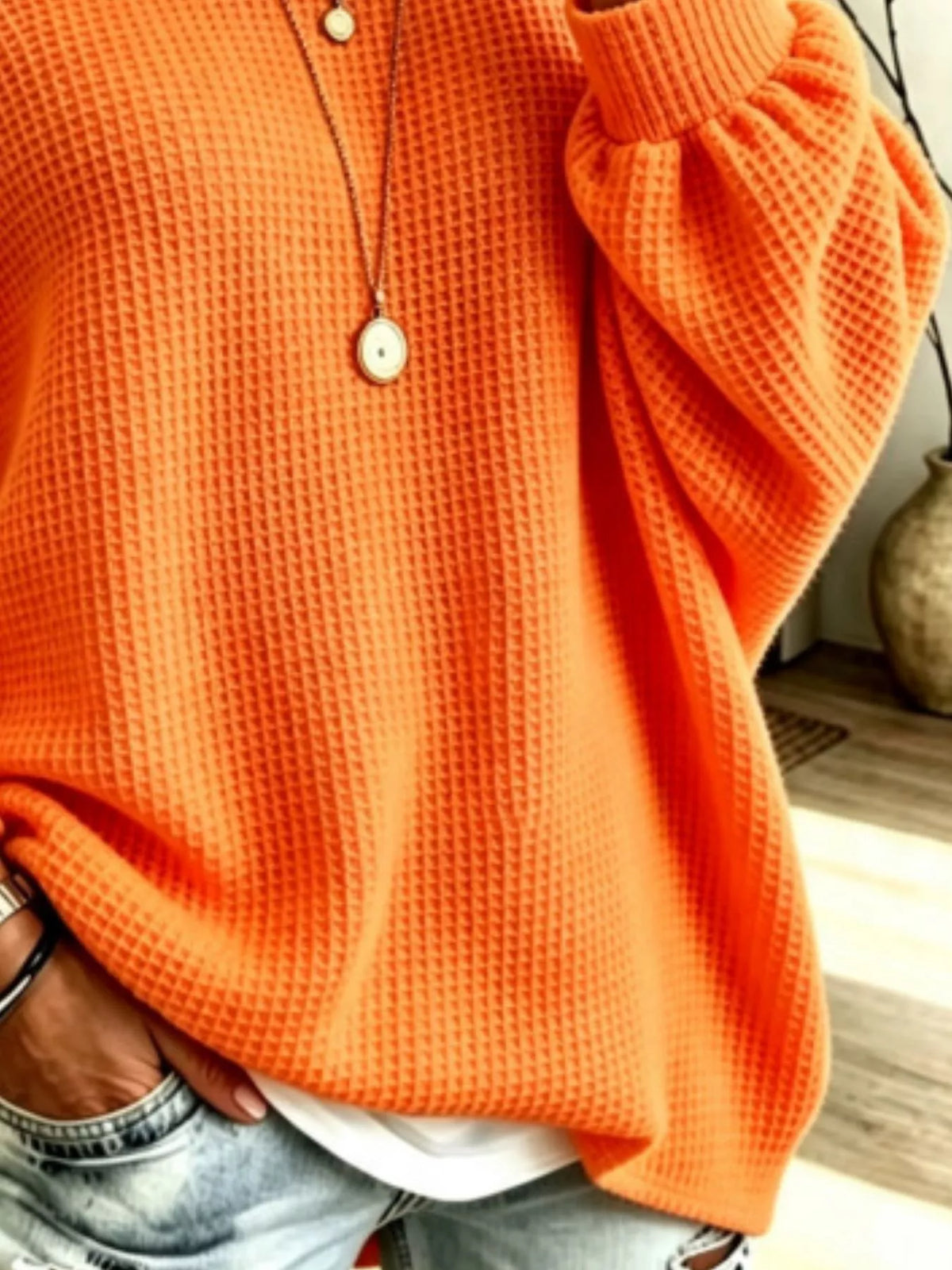 full size waffle knit boat neck sweatshirt plus | dropsona - neutral - close-up detail