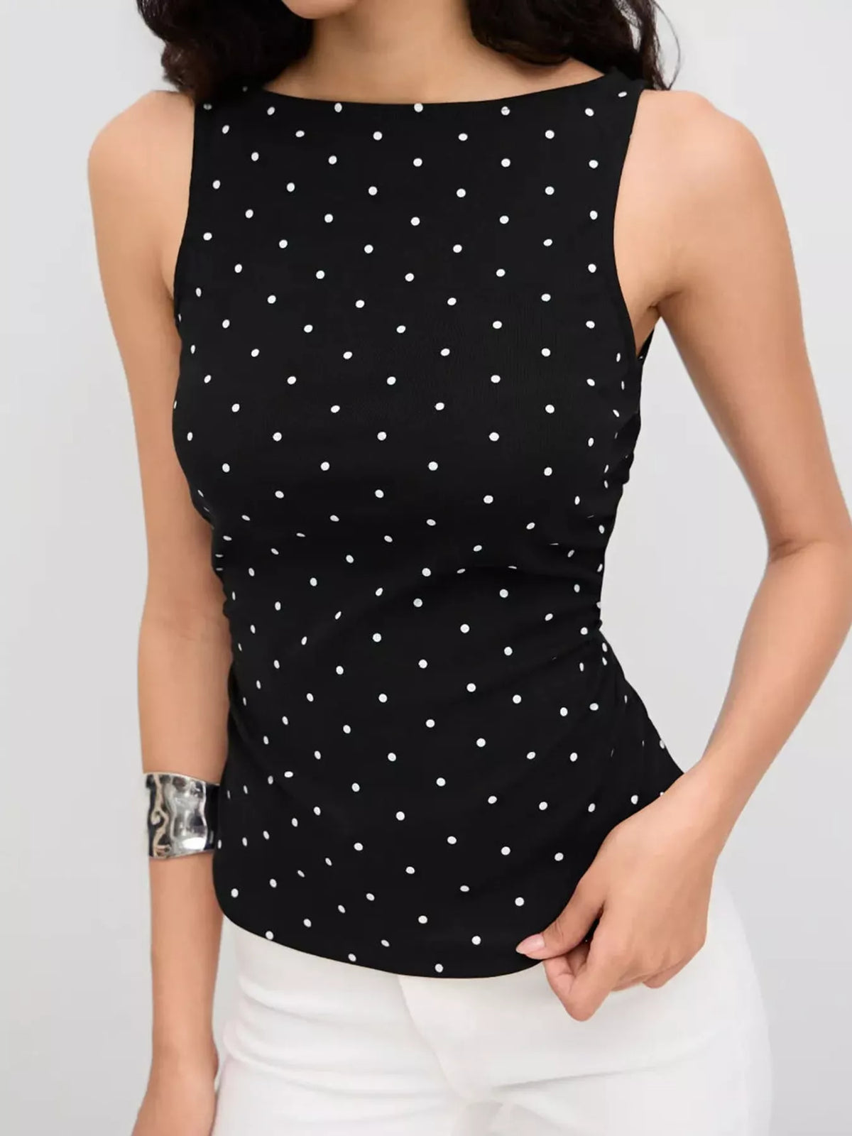 polka dot print sleeveless tank top with tie back | dropsona - neutral - everyday use
