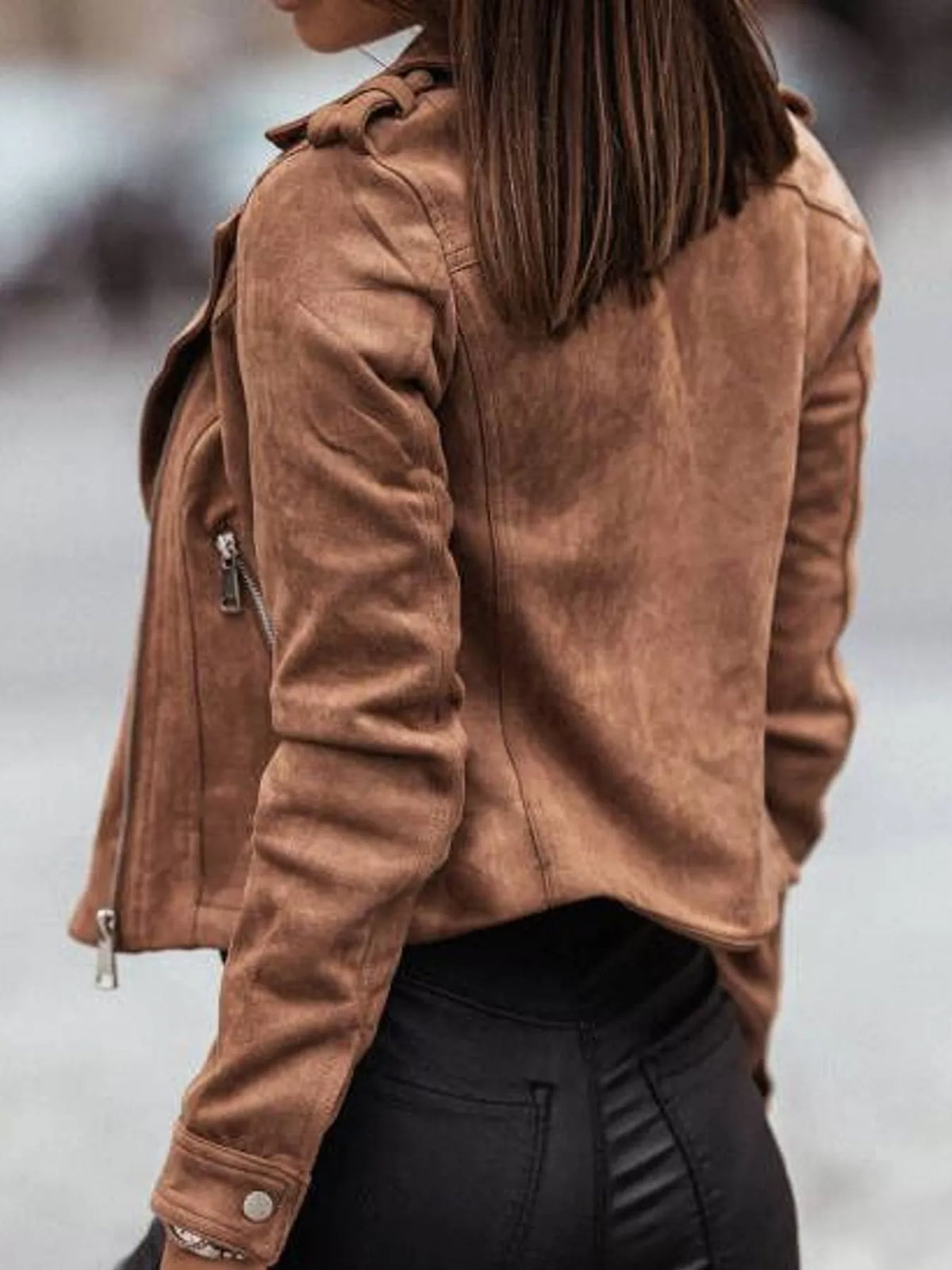 asymmetrical zipper long sleeve jacket | dropsona - neutral - front view