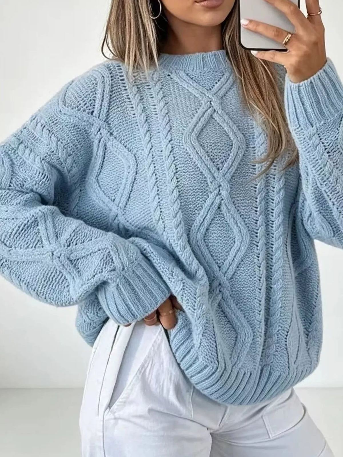 full size cable-knit round neck sweater plus | dropsona - neutral - size reference