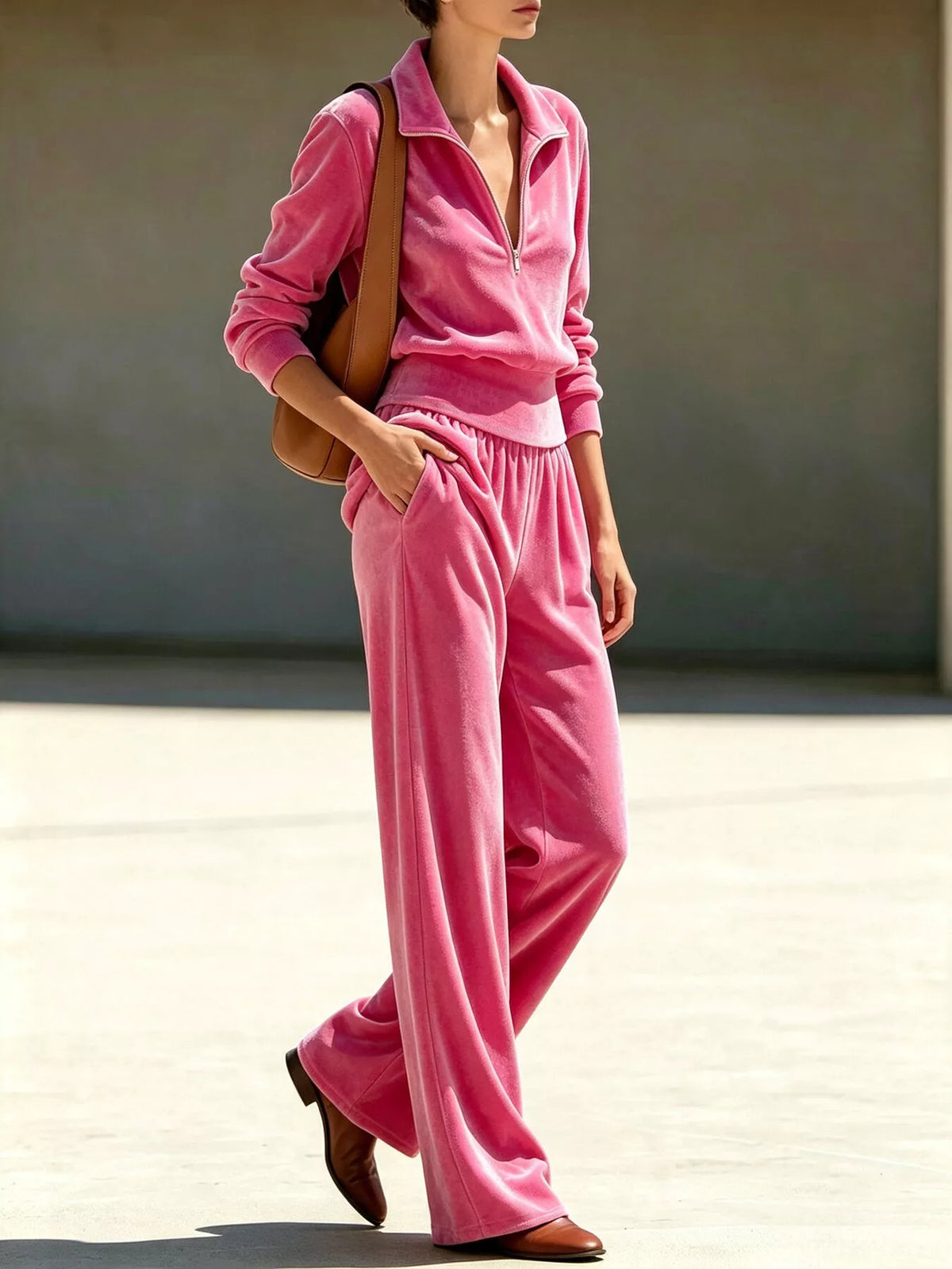 full size quarter-zip top and wide-leg pants set plus | dropsona - neutral - size reference
