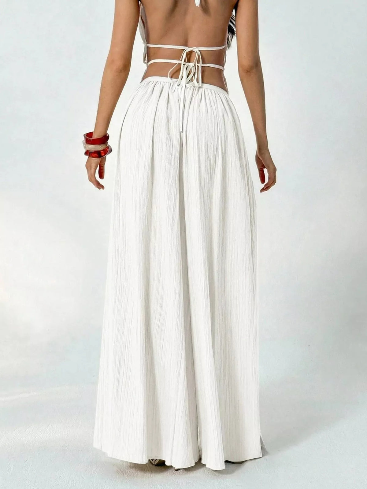 high-waisted wide-leg pleated casual pants | dropsona - neutral - close-up detail