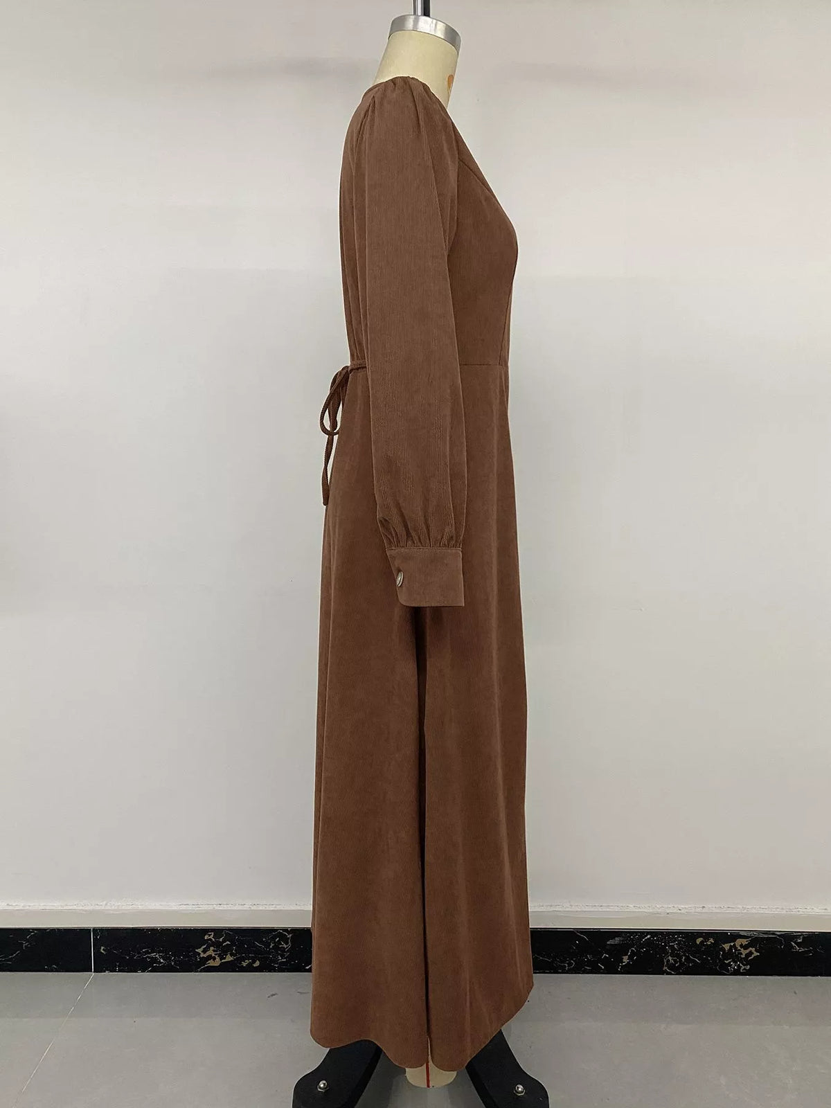 corduroy button-down maxi dress – buttoned,tied,slit | dropsona - neutral - usage example