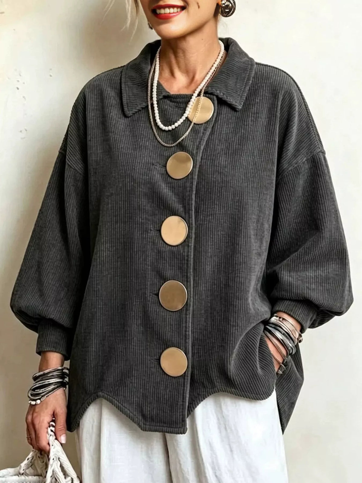 full size corduroy button-down jacket plus | dropsona - neutral - close-up detail