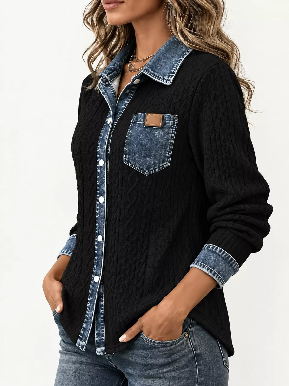 full size contrast denim trim textured button-down | dropsona - neutral - everyday use