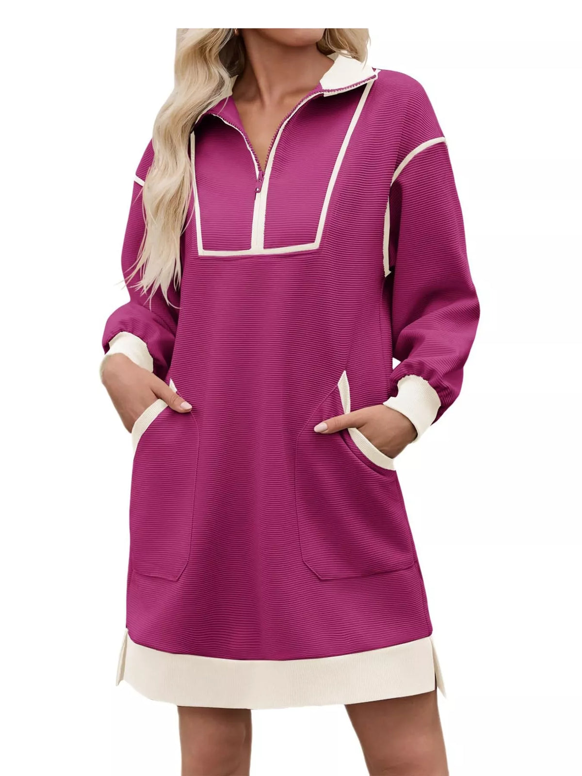 color block quarter-zip sweatshirt dress | dropsona - neutral - size reference