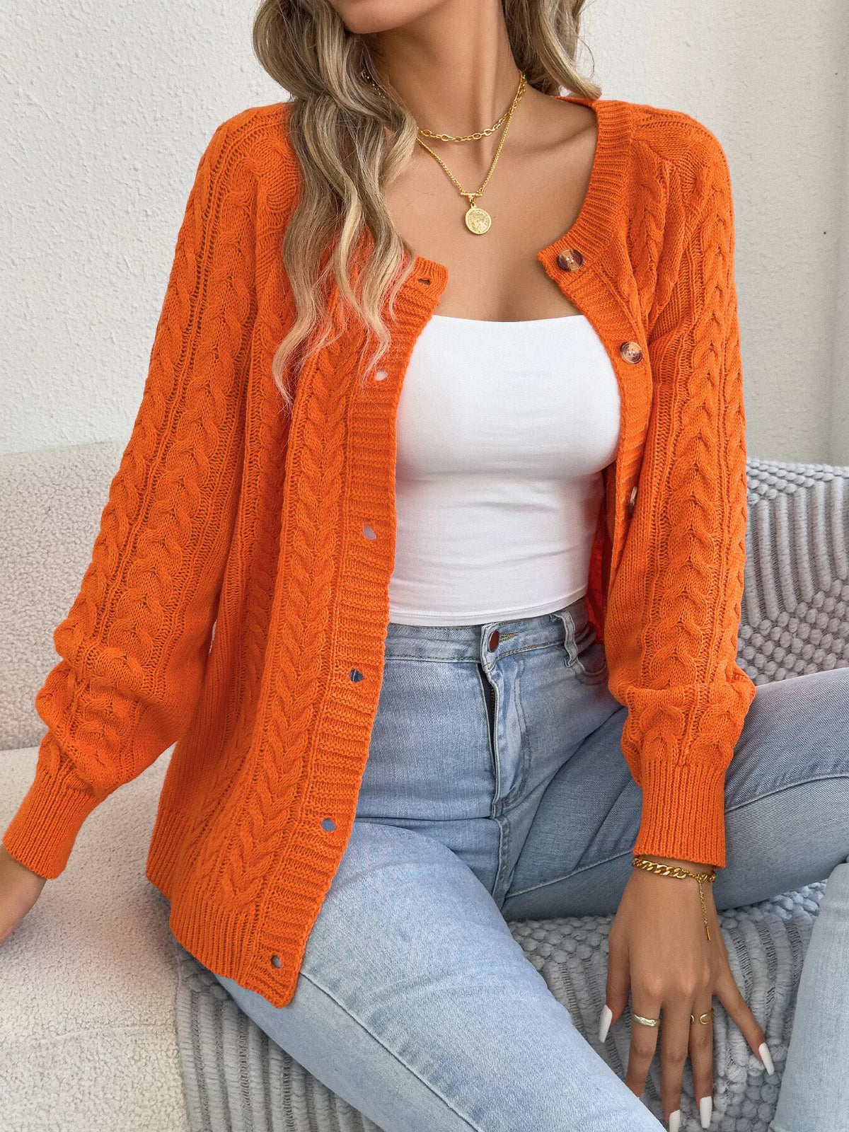 cable knit button-front cardigan – cable-knit,buttoned | dropsona - neutral - front view