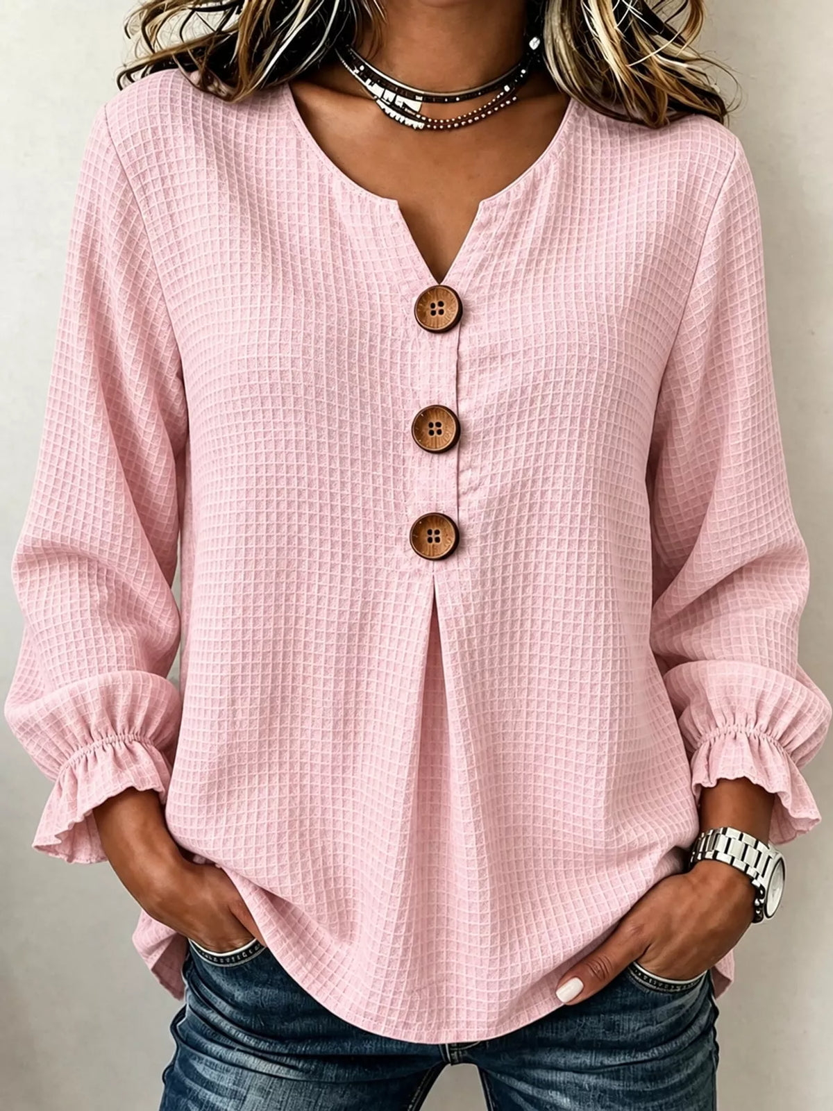 full size waffle knit flounce sleeve blouse plus | dropsona - neutral - packaging