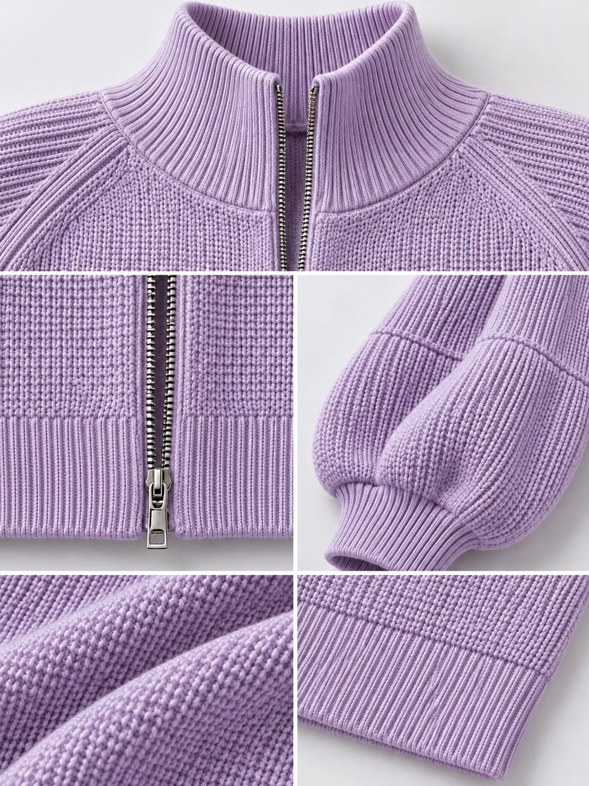 full size elegant ribbed knit zip-up cardigan with | dropsona - neutral - close-up detail
