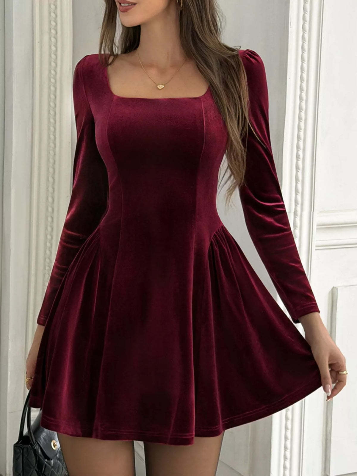 elegant velvet square neck long sleeve mini dress | dropsona - neutral - material texture