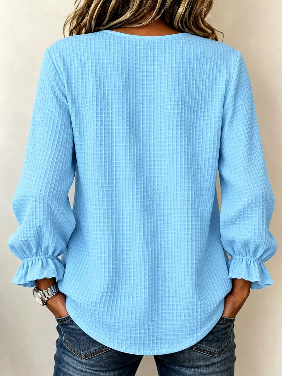 full size waffle knit flounce sleeve blouse plus | dropsona - neutral - size reference