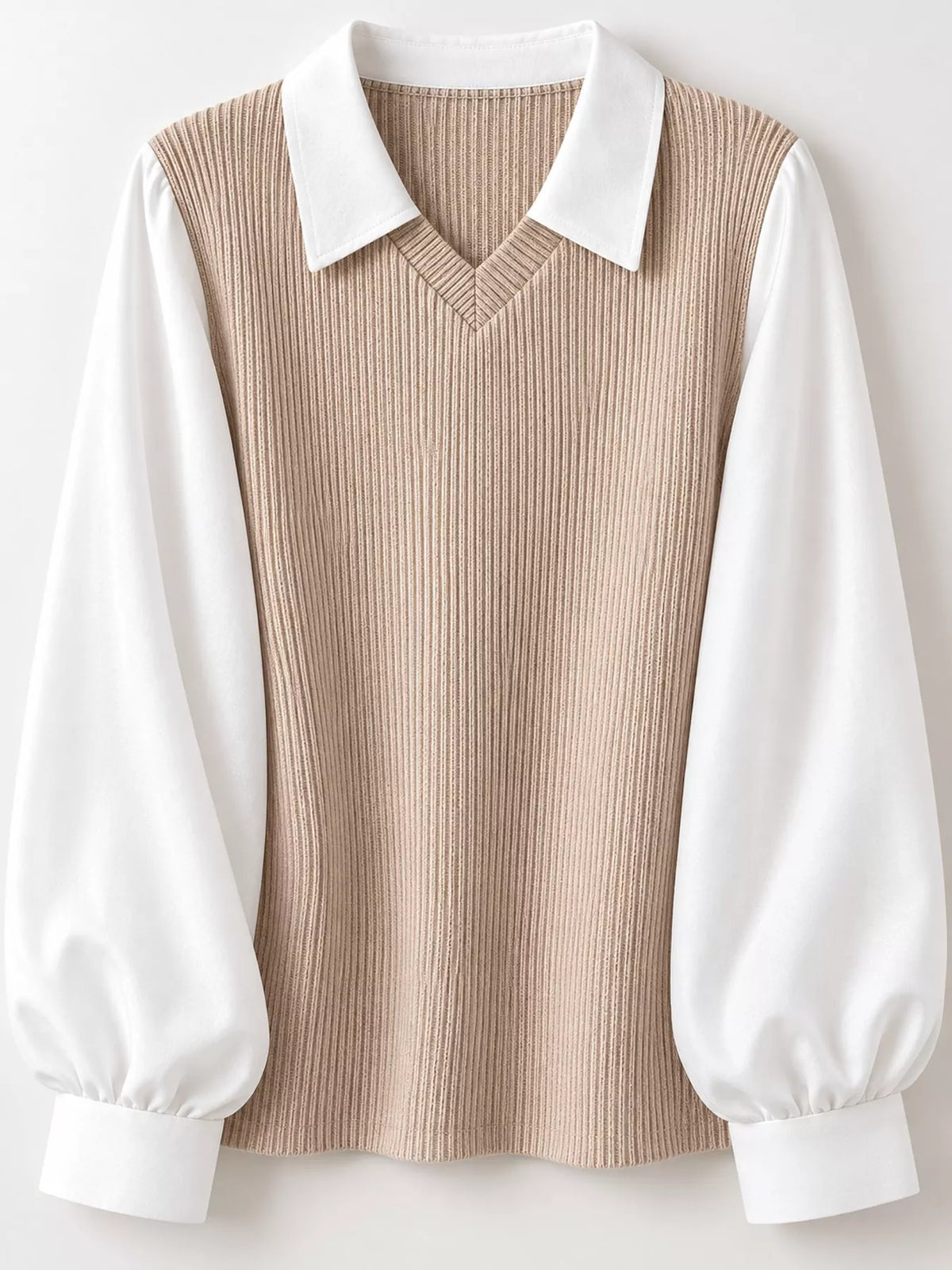 layered look long sleeve blouse – layered,ribbed fit | dropsona - neutral - close-up detail