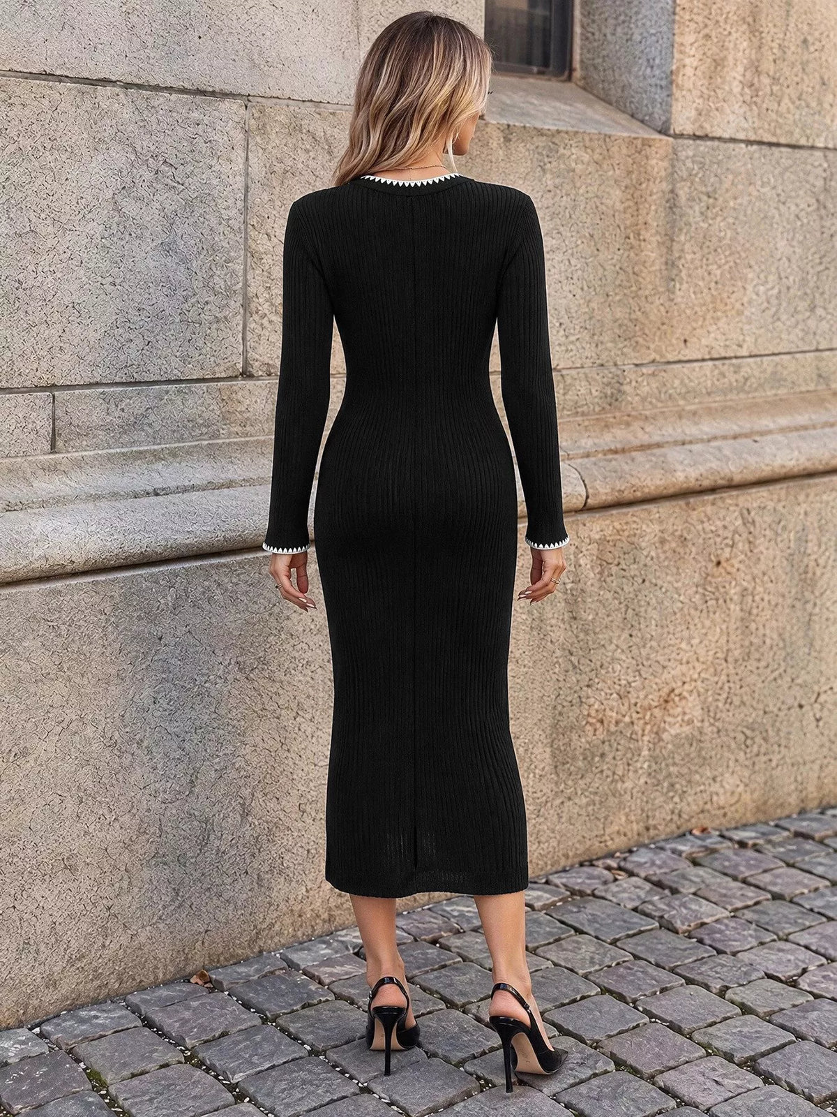 contrast trim ribbed knit dress – ribbed,slit | dropsona - neutral - front view