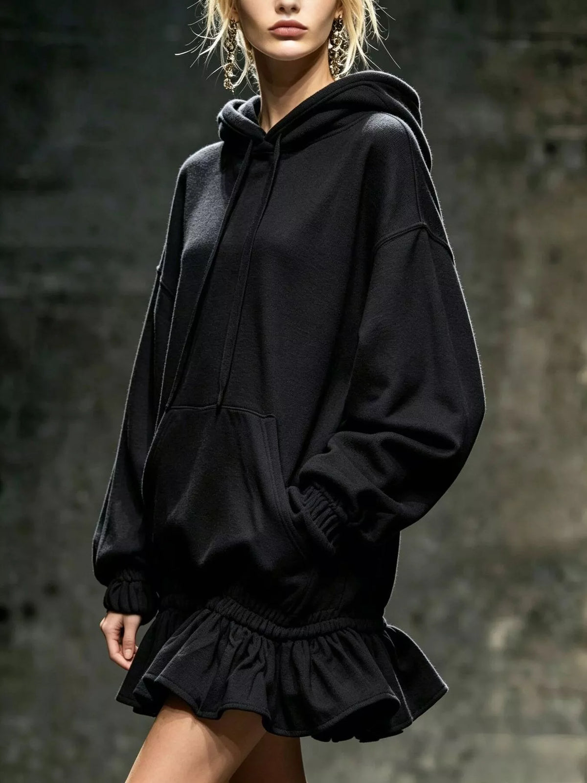 casual chic hoodie sweatshirt mini dress with ruffled | dropsona - neutral - close-up detail