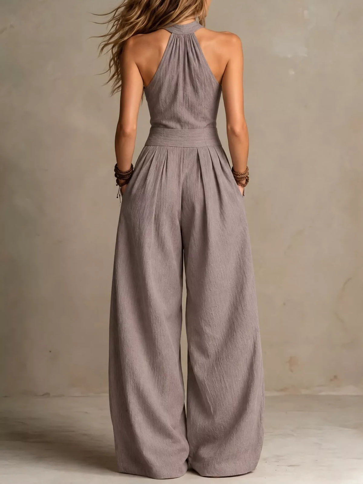 full size halter neck wide-leg jumpsuit plus | dropsona - neutral - front view