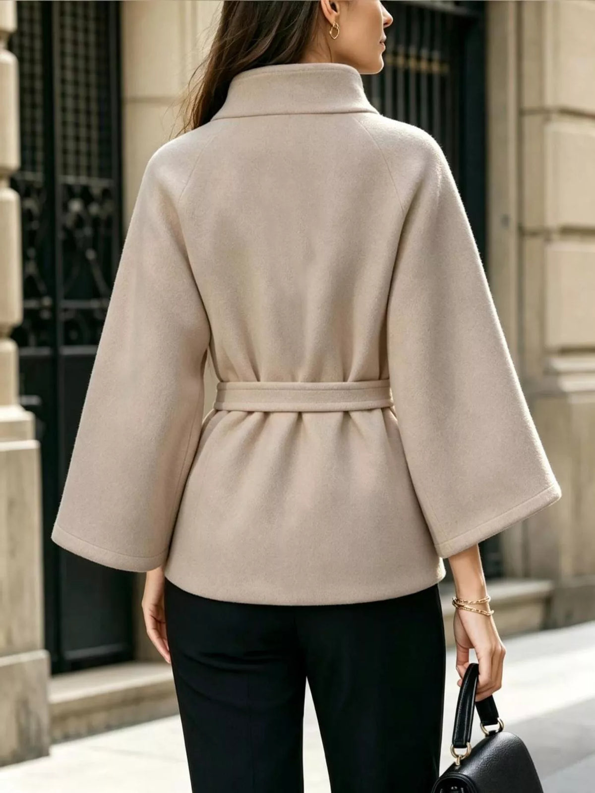 button down cape coat with belted waist | dropsona - neutral - size reference