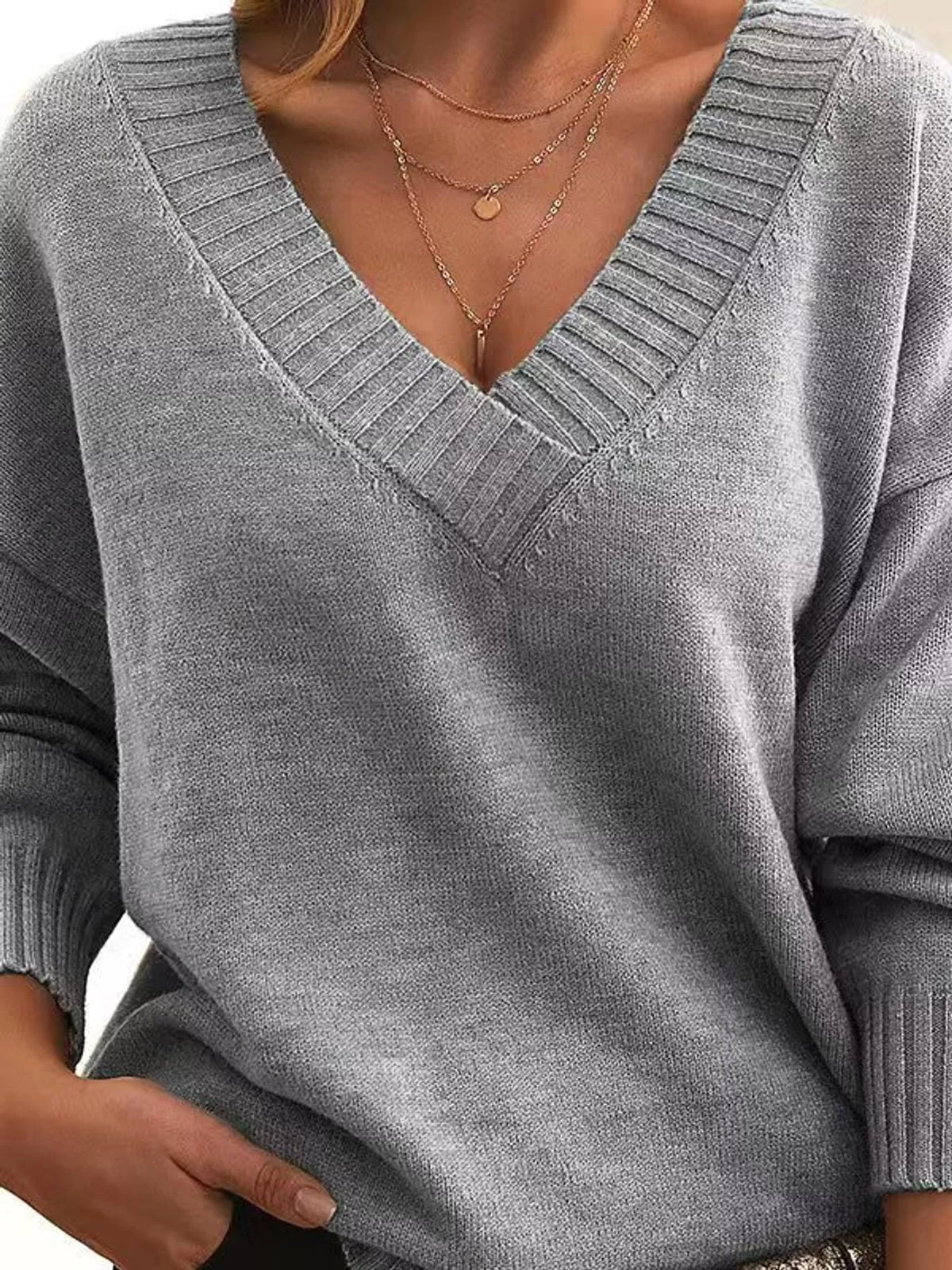 full size v-neck dropped shoulder sweater plus | dropsona - neutral - front view