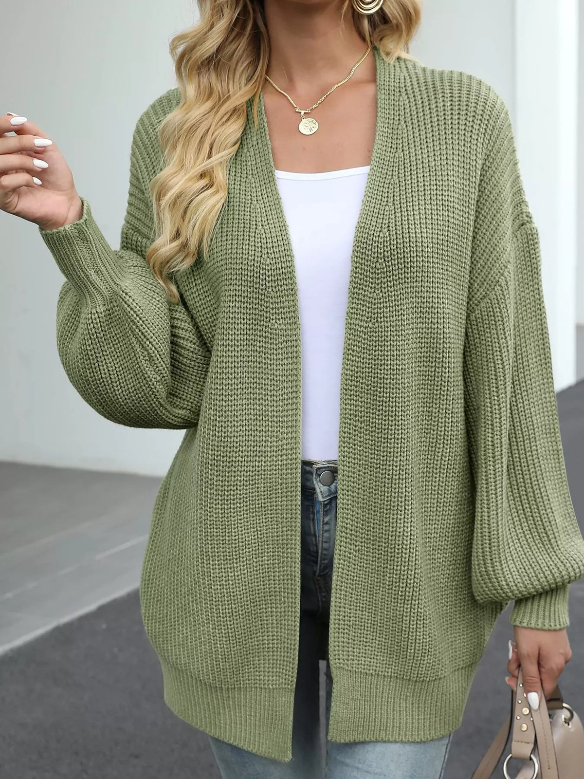chunky knit open front cardigan with lantern sleeves | dropsona - neutral - packaging