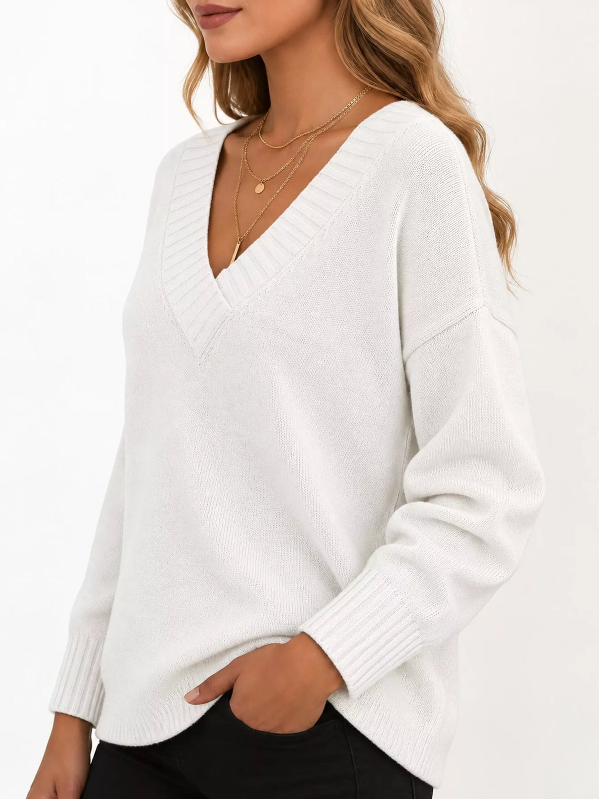 full size v-neck dropped shoulder sweater plus | dropsona - neutral - close-up detail