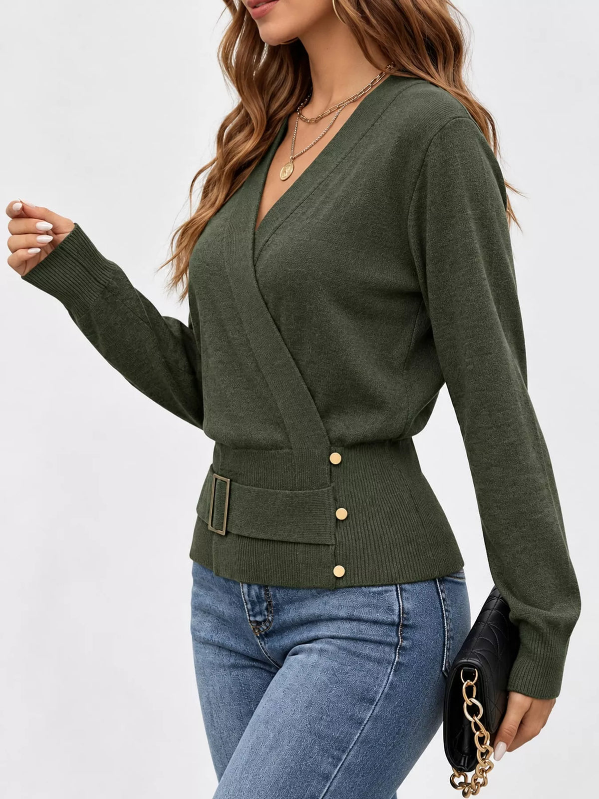 surplice elastic waist long sleeve knit top | dropsona - neutral - packaging
