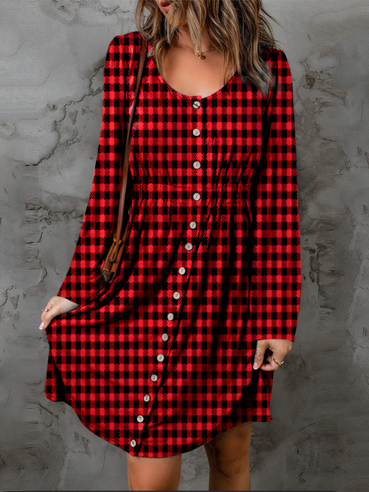 double take full size plaid round neck long sleeve magic dress - everyday wear