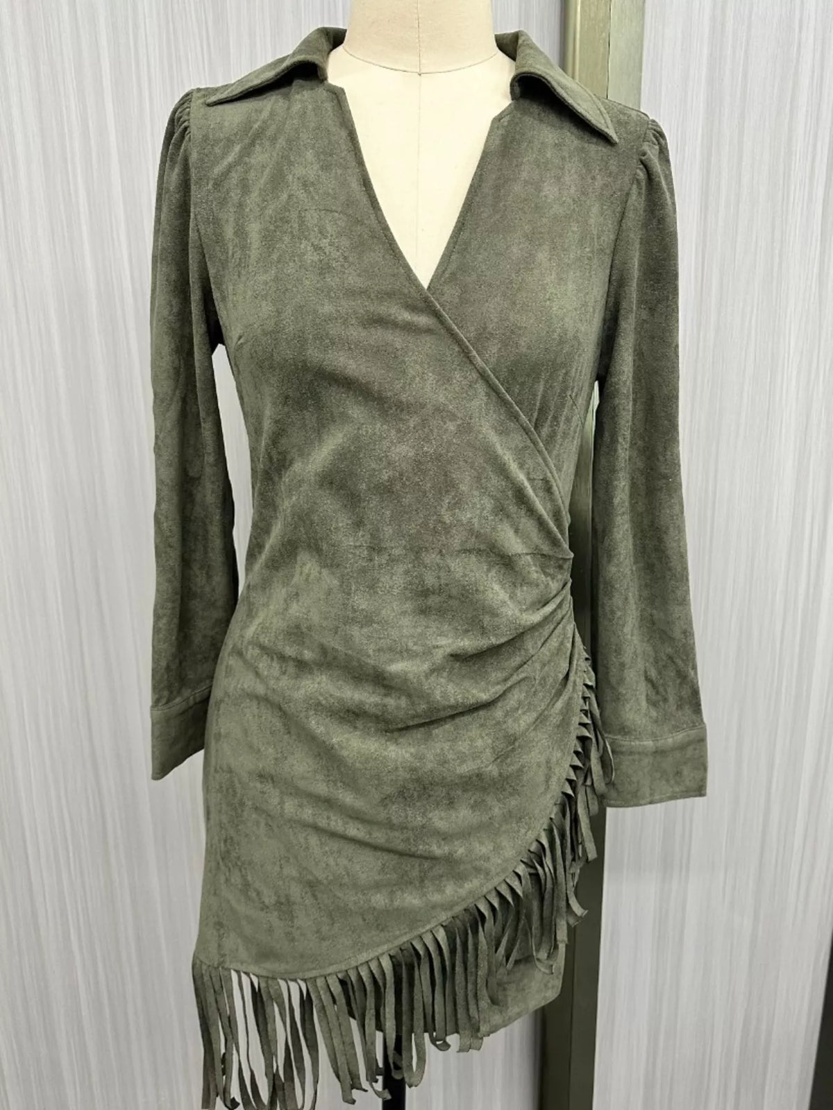 fringed long sleeve mini dress – ruched,fringe | dropsona - neutral - material texture