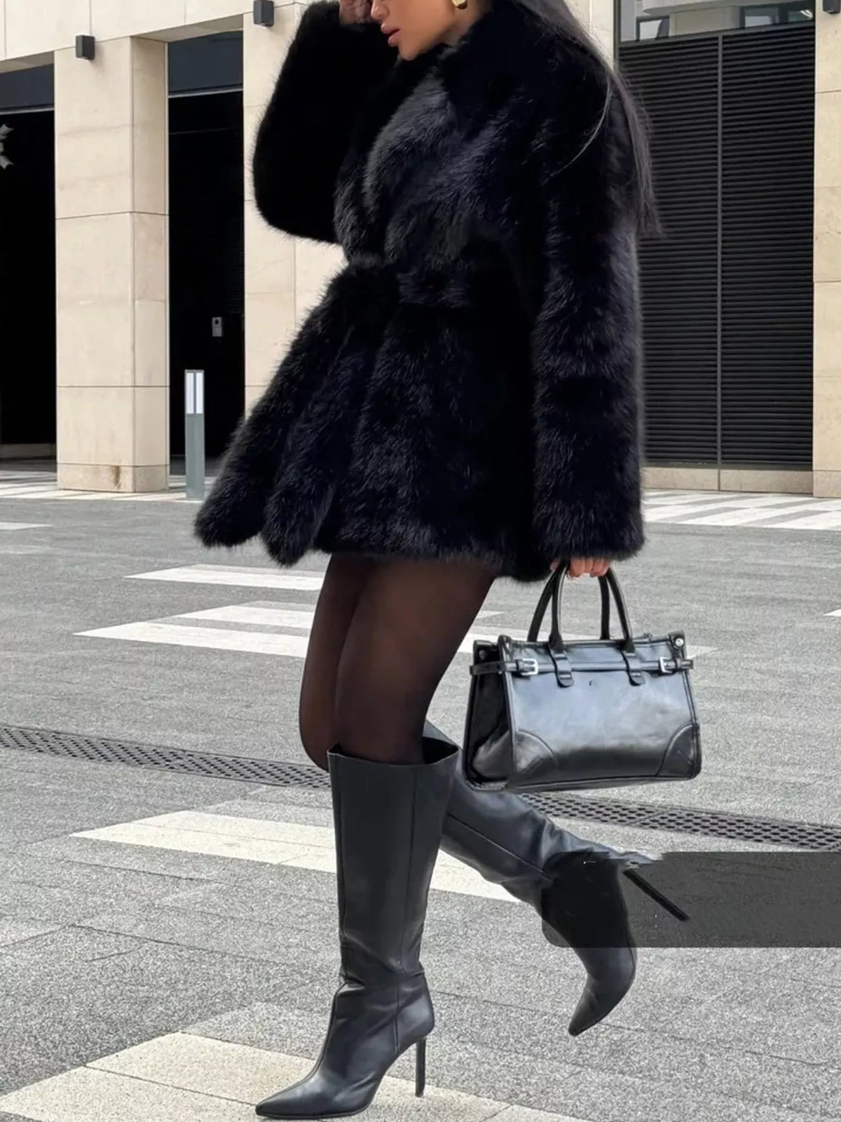 faux fur belted winter outerwear – thermal fit | dropsona - neutral - close-up detail