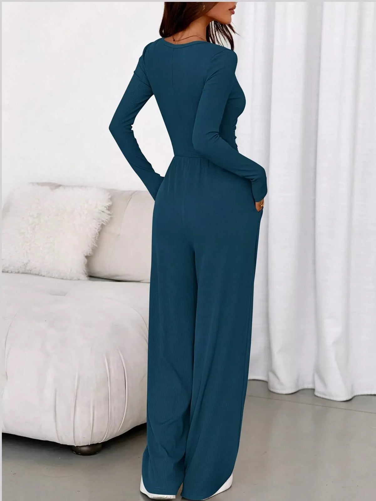 long sleeve ribbed knit wide leg jumpsuit | dropsona - neutral - close-up detail