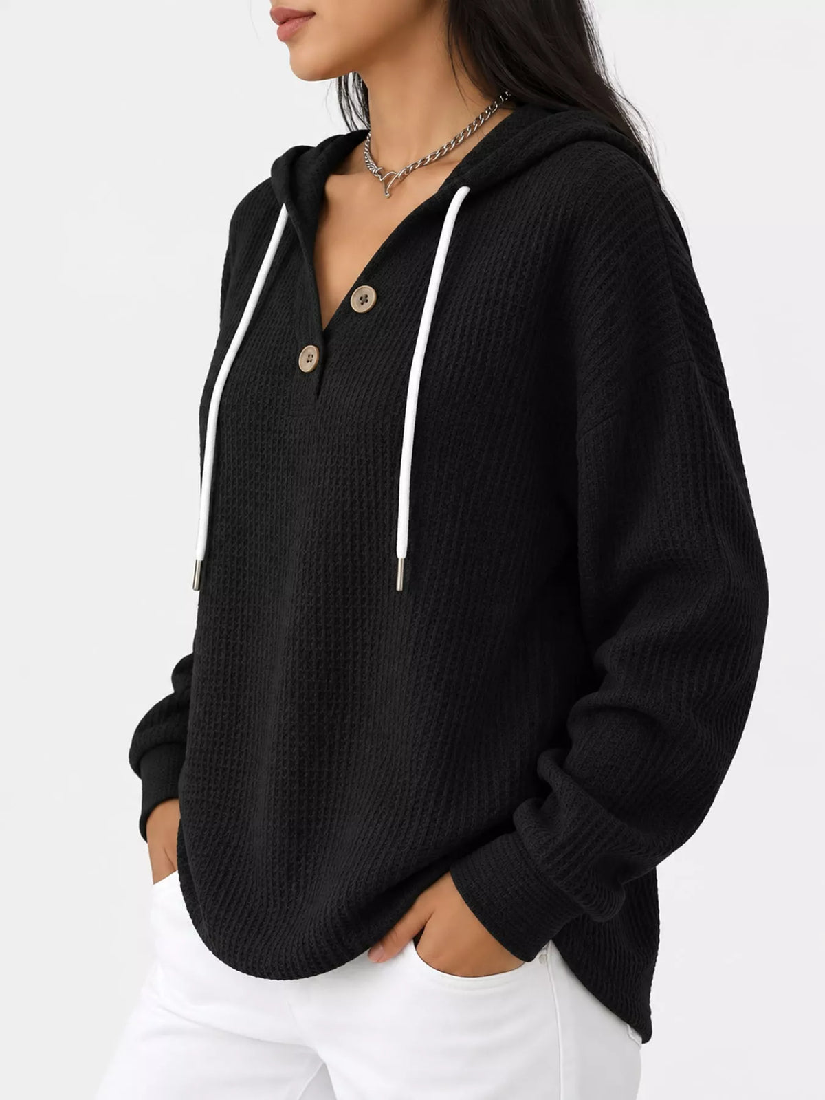 full size waffle knit button detail hoodie plus | dropsona - neutral - close-up detail