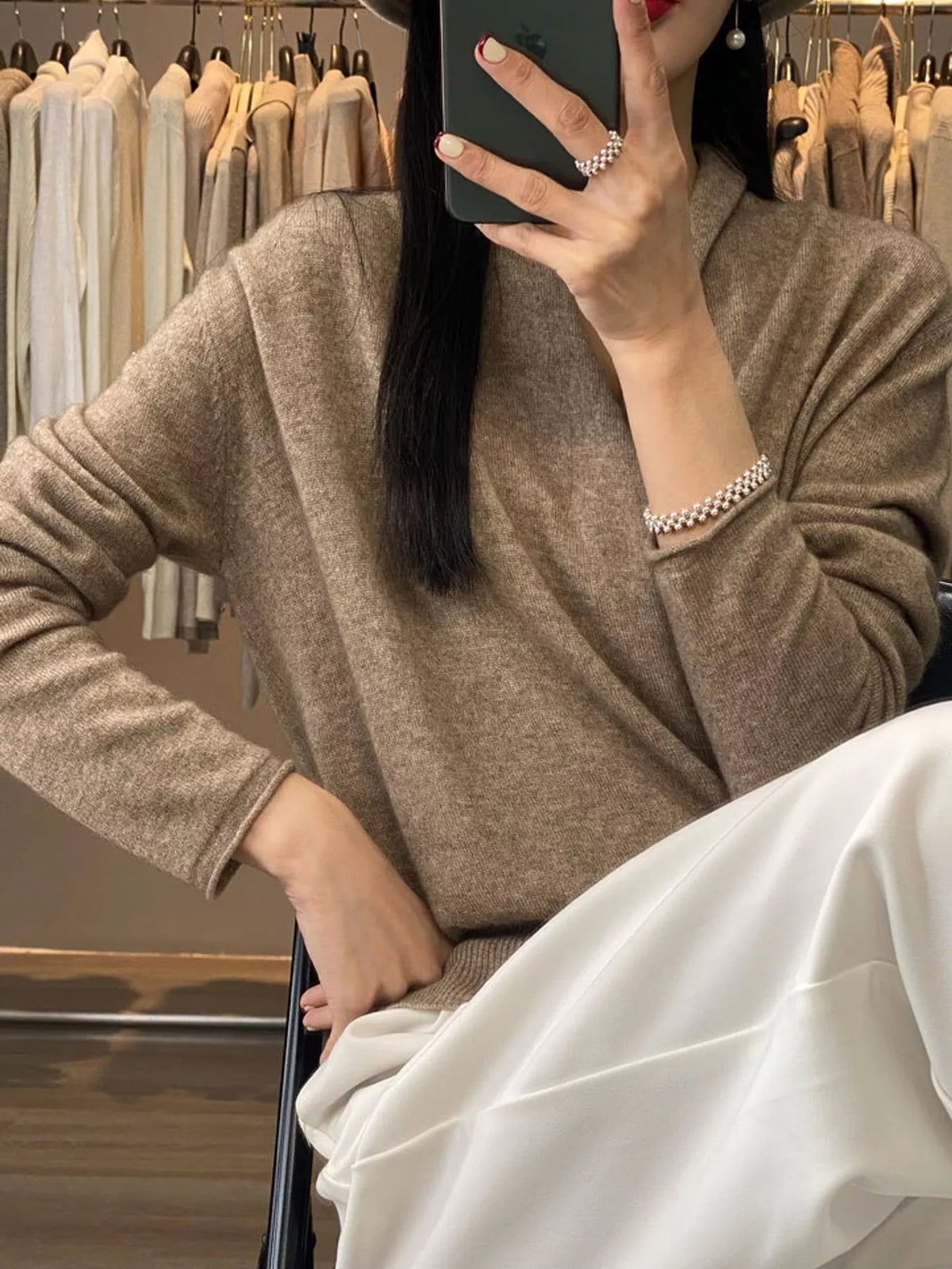 wrap-front long sleeve sweater – crisscross,ribbed fit | dropsona - neutral - close-up detail