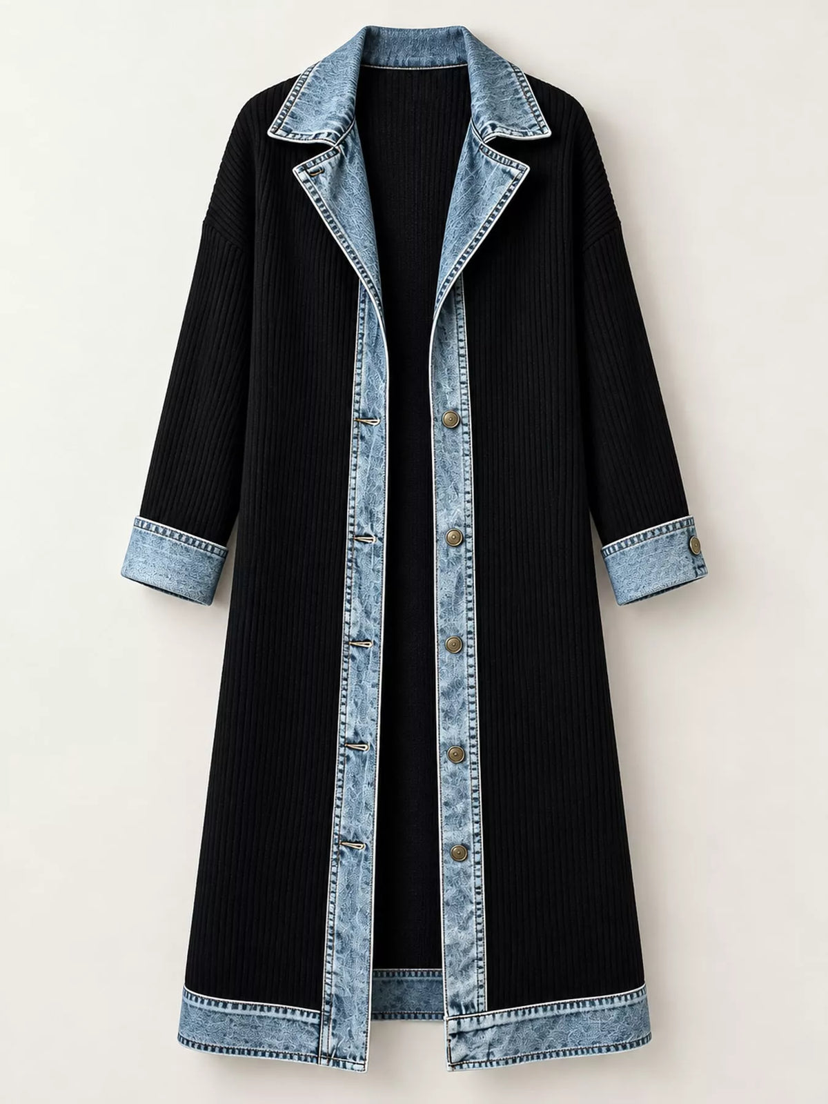 full size denim-trimmed ribbed knit longline cardigan | dropsona - neutral - material texture