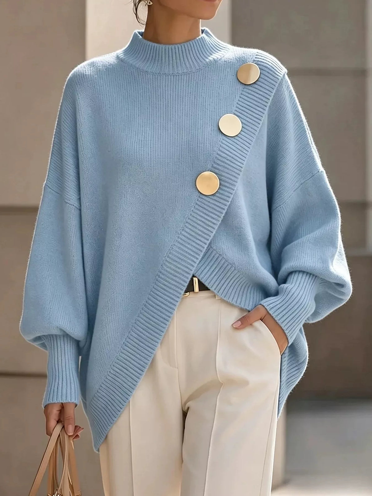 asymmetric button-decorated sweater | dropsona - neutral - size reference