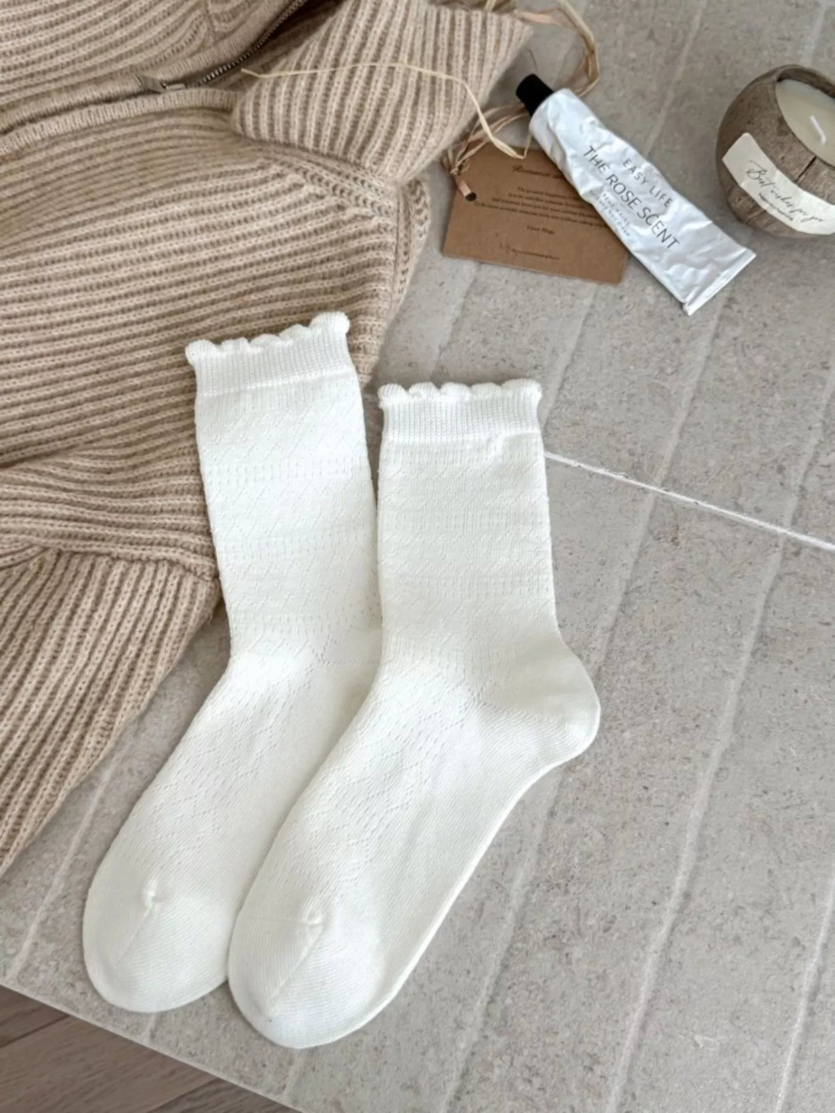 vintage hollow-out knit mid-calf socks | dropsona - neutral - close-up detail