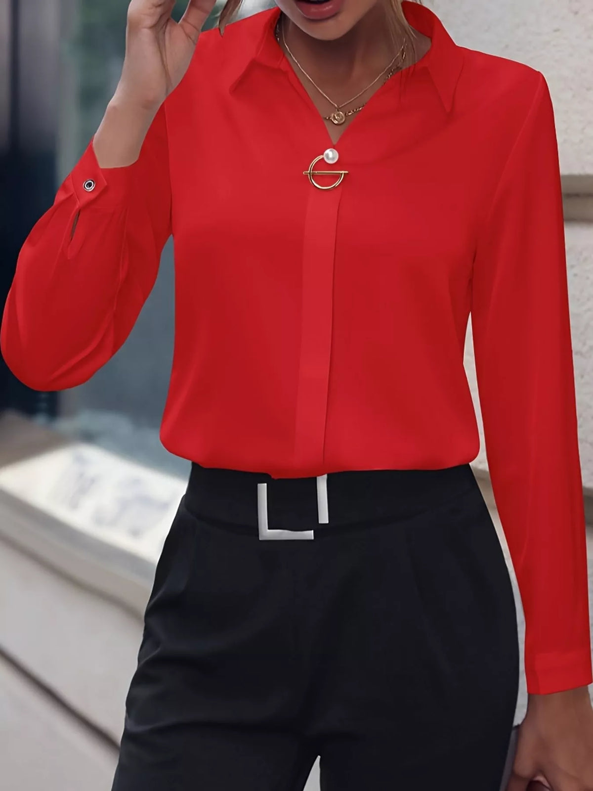 long sleeve satin blouse | dropsona - neutral - front view